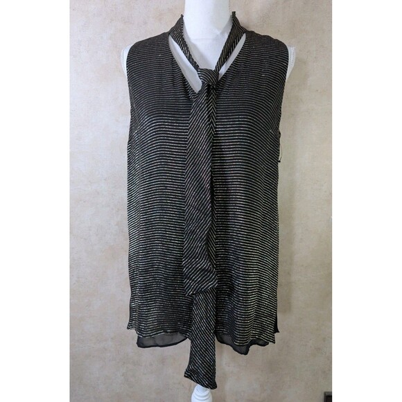 Lafayette 148 Silk Blouse Womens M Black Gold Stripe Sleeveless Bow Luxury - Picture 2 of 11